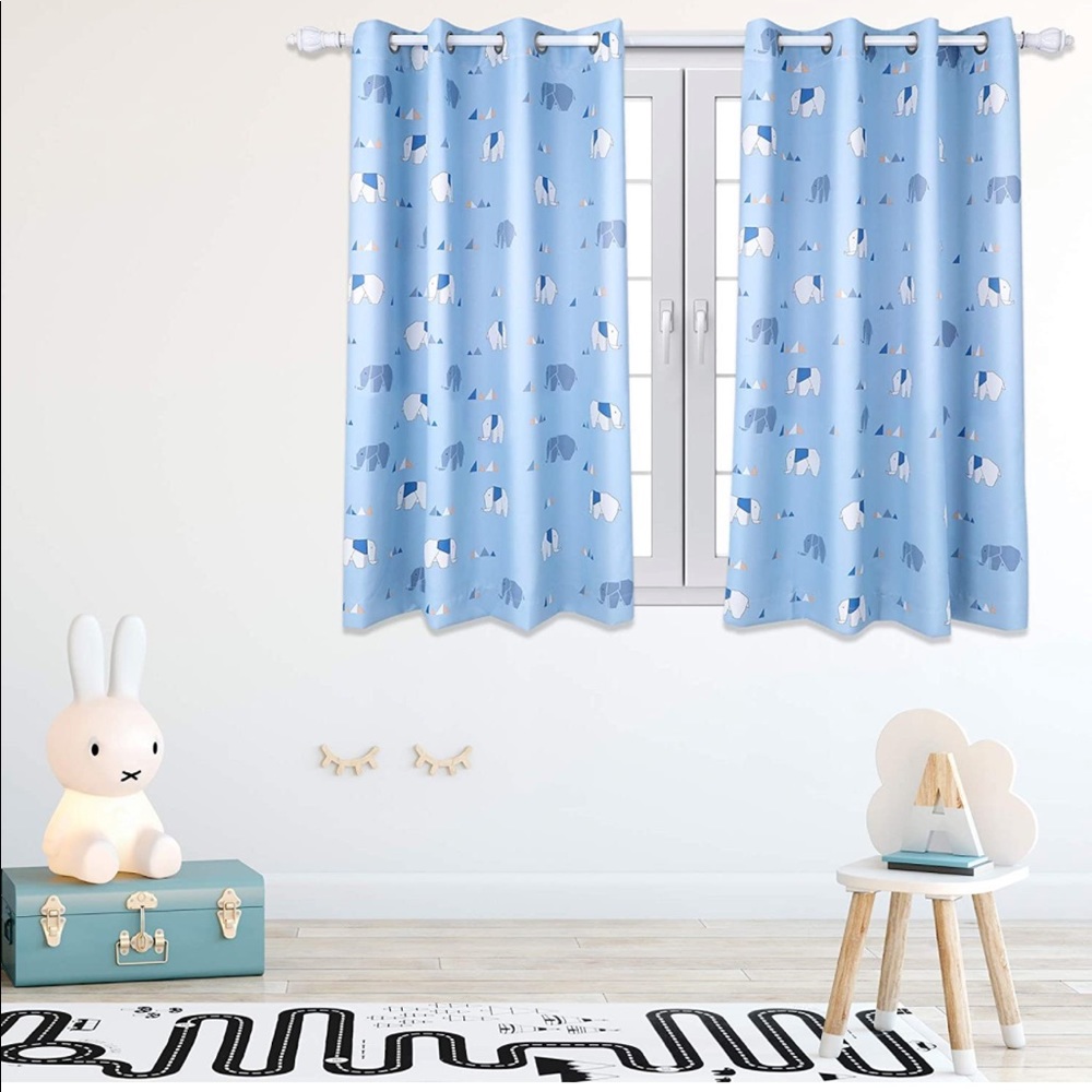 Tillyou Printed Weave ring top Curtain For Boy and Girls (Blue 52x63in) Elephant